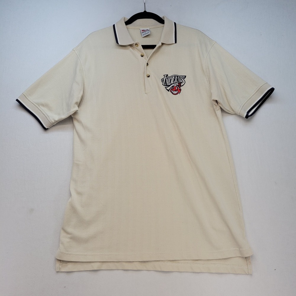 True Fan Polo Shirt Mens Large Cream Vintage Cleveland Indians Chief Wahoo MLB